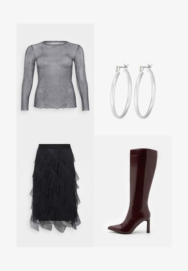 Permatomas pilkas ilgomis rankovėmis marškinėlis su leopardų raštu, išsiskiriantis apvalia iškirpte ir skalpuota apatine dalimi. Pagamintas iš lengvos, permatomos medžiagos.; Juodas tiulis sijonas su sluoksniuotais volanais, elastinga juosta ir laisvu siluetu. Skaidri tekstūra suteikia lengvumo ir judėjimo.; Even&Odd Batai - dark red; Sidabriniai auskarai su sklandžiu, poliruotu paviršiumi. Apvalios formos ir saugus uždarymo mechanizmas. Lengvas dizainas, tinkantis kasdieniam dėvėjimui.