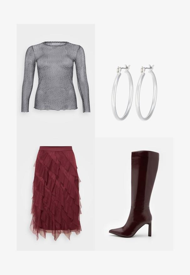 Prosojna siva dolga majica z dolgimi rokavi z vzorcem leoparda, ki ima okroglo izrezo in valovito obrobo. Narejena iz lahkega, prozornega materiala.; Burgundska krilna krila iz tila s prilagojeni pasom, ki vsebuje nabrane plasti, ki ustvarjajo teksturiran videz in gibanje.; Even&Odd Škornji - dark red; Srebrni obroči za ušesa z gladko, polirano površino. Okrogla oblika in varna zaponka s klikom. Lahka zasnova, primerna za vsakodnevno nošenje.