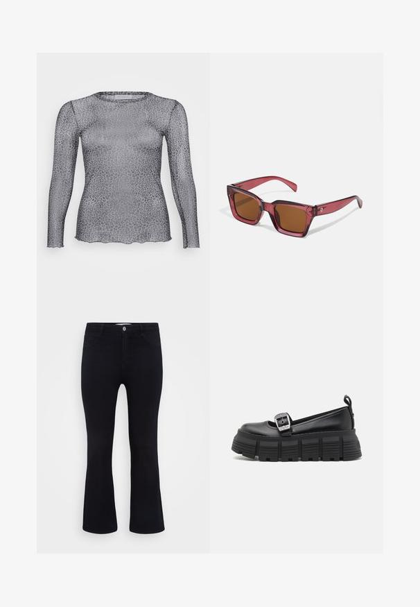 Caurspīdīga pelēka krekla ar garām piedurknēm un ziloņu rakstu, ar apaļu dekoltē un viļņotu apakšmalu. Izgatavots no viegla, caurspīdīga materiāla.; ONLY Carmakoma CARTHUNDER PUSH UP - Džinsi ar paplatinātiem galiem - black denim; Melni platforma loafers ar noapaļotu purngalu, gludu ādas virsu, regulējamu sprādzi un teksturētu gumijas zoli ar horizontālām ribām.; Sarkaniņi kvadrātveida saulesbrilles ar brūnām lēcām. Izgatavotas no caurspīdīgas plastmasas. Izceļas ar izteiktu stūra dizainu un smalku zīmolu uz tempļa.