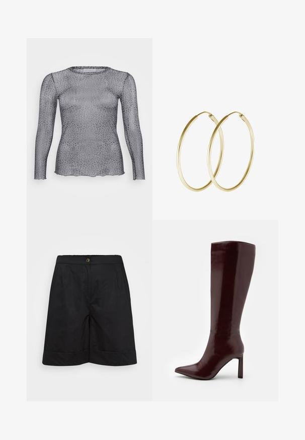 Permatomas pilkas ilgomis rankovėmis marškinėlis su leopardų raštu, išsiskiriantis apvalia iškirpte ir skalpuota apatine dalimi. Pagamintas iš lengvos, permatomos medžiagos.; Juodi, iki kelių ilgio šortai, pagaminti iš lengvo audinio, su lygiu paviršiumi, priekinėmis kišenėmis ir apdailos kraštu. Aukso mygtuko užsegimas juosmens srityje.; Even&Odd Batai - dark red; Aukso auskarai žiedai su lygia, apvali forma ir blizgiu paviršiumi. Lengva konstrukcija su saugiu užsegimu.