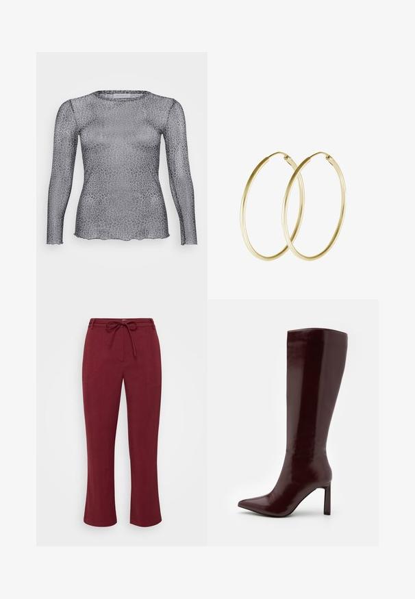Sheer gray long-sleeve top with a leopard print pattern, featuring a round neckline and scalloped hem. Made of lightweight, transparent material.; Burgundy pants made from a textured fabric, featuring a drawstring waistband and a straight cut. No pockets or visible hardware.; Even&Odd Boots - dark red; Gold hoop earrings featuring a smooth, rounded design with a shiny finish. Lightweight construction with a secure clasp closure.