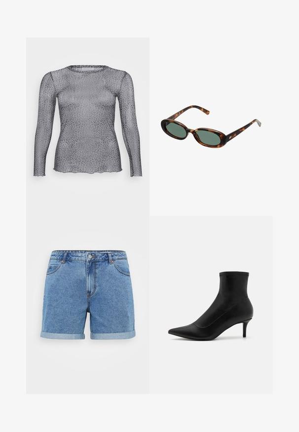 Sheer gray long-sleeve top with a leopard print pattern, featuring a round neckline and scalloped hem. Made of lightweight, transparent material.; Denim shorts in light blue, featuring a rolled hem, five-pocket design, button closure, and stitched detailing. Made of cotton fabric.; Black ankle boots made of smooth leather with a pointed toe and a short, thin heel. Features a seamless design and subtle stitching accents.; Tortoiseshell sunglasses with oval frames and green lenses. Features thin arms with a metallic accent near the hinges.