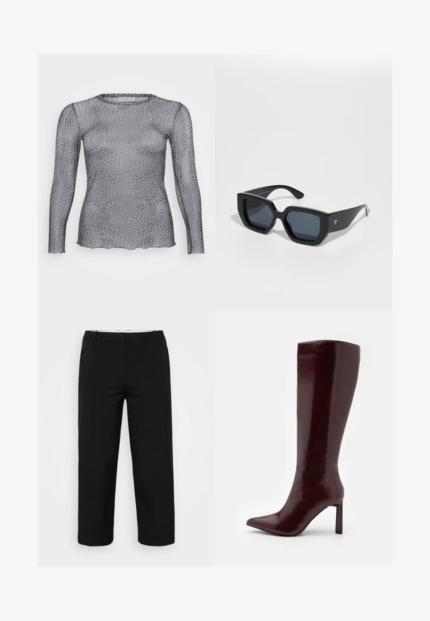 Õhuline hall pikka varrukatops, millel on leopardimuster, ümara kaeluse ja lainetehnikaga alläärega. Valmistatud kergest, läbipaistvast materjalist.; Mustad sirgedega mustad püksid, millel on sile tekstuur, kaks küljetaskut ja vöökoht silmadega. Nähtavaid kinnitusi pole.; Even&Odd Saapad - dark red; Mustad ümmargused prillid, millel on geomeetriline disain, ristküliku kuju läätsed ja läikiv viimistlus. Ees pole nähtavat brändingut.; Hõbedased metallist rõngastooted, millel on harjatud tekstuur, ümmargune disain ja selge tagumine post, tagamaks kindlat kandmist.