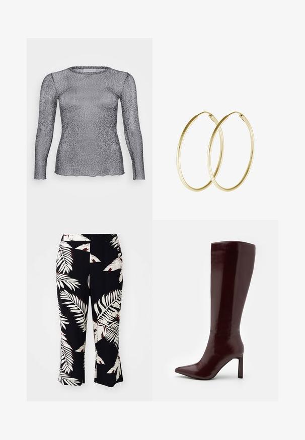 Prosojna siva dolga majica z dolgimi rokavi z vzorcem leoparda, ki ima okroglo izrezo in valovito obrobo. Narejena iz lahkega, prozornega materiala.; Črne hlače z belim in rdečim tropskim listnatim vzorcem, s širokim krojem in elastičnim pasom, izdelane iz gladkega materiala.; Even&Odd Škornji - dark red; Zlate obročaste uhane z gladkim, zaobljenim dizajnom in sijočo končno obdelavo. Lahka konstrukcija z varnim zapiranjem.