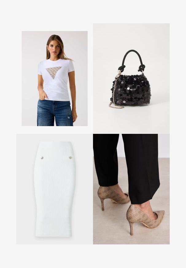 Valge sobiv T-särk, millel on beežist kolmnurkse mustriga aktsent, millel on keerukad detailid. Pehme kangas ja lühikesed varrukad.; Valge soonikuline pliiatsiseelik, mis omab ühtlast siluetti, tekstuurset kangast, elastset vööd ja kahte dekoratiivset kuldset nuppu.; Beige kõrged kontsad, mis on valmistatud tekstureeritud kangast, millel on korduv muster. Terava nina disain tagakülje aktsendi ja kuldse kontsiga.; Must have mustrõngus mustal sädelev mini käekotil on sõlme tekstuuriga rihm ja hõbedane ketis. Ümar kuju, kokku kogutud ülaosa ja peegeldav detail.