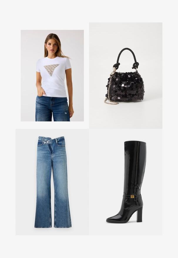Maglietta bianca aderente con un accento a motivo triangolare in beige e dettagli intricati. Tessuto morbido e maniche corte.; Jeans a zampa d'elefante in denim blu chiaro con vita alta, dotati di due bottoni e tasche frontali. Il tessuto ha una texture sbiadita con variazioni sottili.; Stivali neri in pelle lucida al ginocchio con punta affilata, accenti in metallo dorato e tacco robusto. Superficie liscia e lucida con dettagli minimi.; Mini borsa a tracolla nera in paillettes con una tracolla texturizzata annodata e catena argentata. Forma rotonda con parte superiore arricciata e dettagli riflettenti.