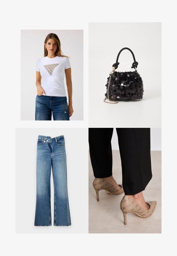 Balta priglundanti marškinėliai su smėlio spalvos trikampio raštu, puošti sudėtingais detalėmis. Minkšta medžiaga ir trumpomis rankovėmis.; Šviesiai mėlynos džinsinės kelnes platėjančios apačios, aukštu liemeniu, su dviem saga ir priekinių kišenių detalėmis. Medžiaga turi išblukusį tekstūrą su subtiliais skirtumais.; Smėliniai aukštakulniai bateliai su tekstūruotu audiniu, kuriame yra pasikartojanti tekstūra. Išgaubtas pirštas, su užpakaline akcentu ir auksiniu kulno detaliu.; Juodas blizgučių mini rankinukas su mazguotu tekstūruotu dirželiu ir sidabro grandine. Suapvalinta forma su susiraukšlėtopu ir atspindinčiomis detalėmis.