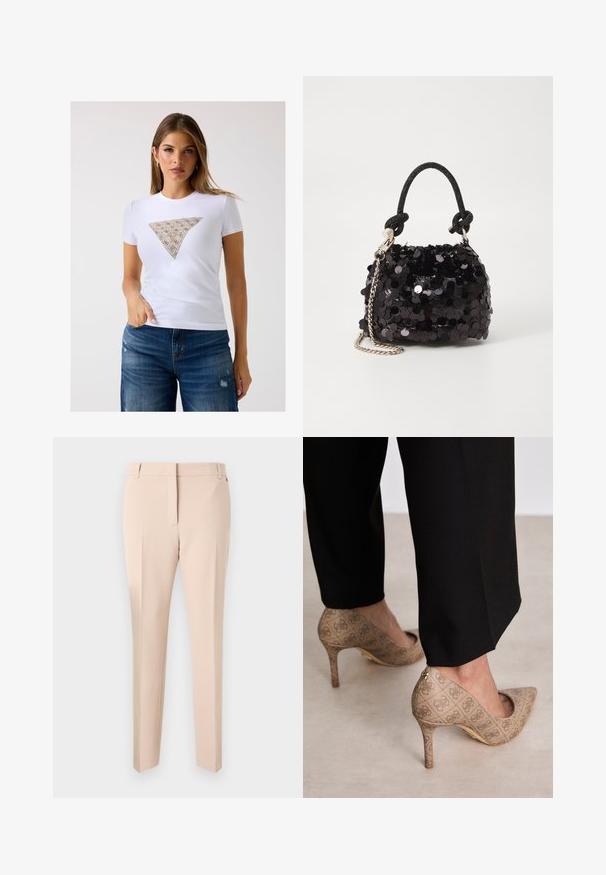 Maglietta bianca aderente con un accento a motivo triangolare in beige e dettagli intricati. Tessuto morbido e maniche corte.; Pantaloni beige su misura con fronte piatto, passanti per cintura, due tasche laterali e design a gamba dritta. Tessuto liscio e dettagli minimi.; Scarpe con tacco alto beige in tessuto testurizzato con un motivo ripetuto. Design con punta appuntita e dettaglio dorato sul tacco.; Mini borsa a tracolla nera in paillettes con una tracolla texturizzata annodata e catena argentata. Forma rotonda con parte superiore arricciata e dettagli riflettenti.