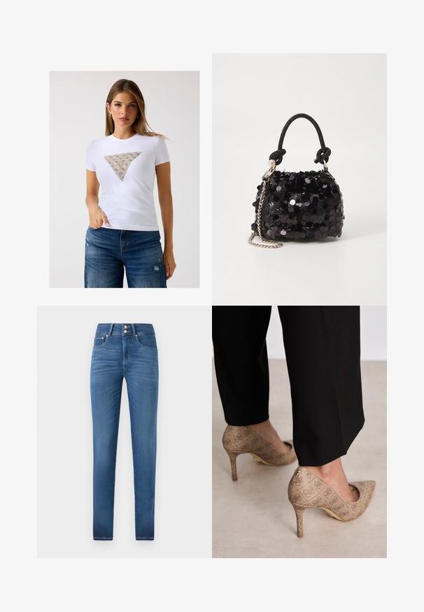 Witte, nauwsluitende t-shirt met een driehoekig patroon in beige met fijne details. Zachte stof en korte mouwen.; Hoge blauwe denim jeans met een slim fit, voorzien van twee knopen bij de tailleband, vijf-pocket ontwerp en een soepele textuur.; Beige hoge hakken met een gestructureerde stof met een herhalend patroon. Puntige neusontwerp met een achteraccent en gouden hakdetail.; Zwarte pailletten mini handtas met een geknoopte textuurriem en zilveren ketting. Rondvormig met een geplooide bovenkant en reflecterende details.