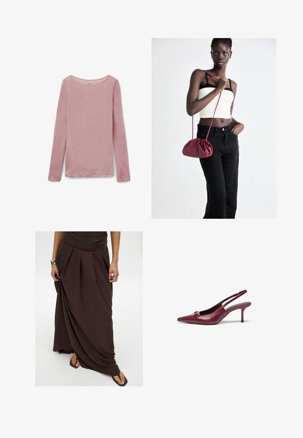 Haut à manches longues en rose clair, avec un col rond et un tissu doux et texturé, d'une coupe légèrement décontractée et avec des fentes sur les côtés à l'ourlet.; Jupe maxi marron en tissu léger avec des plis, un design fluide et une taille élastique pour plus de confort.; Talons slingback bordeaux avec un bout pointu, en cuir. Présentent un accent décoratif sur le dessus et un talon aiguille de 7,5 cm.; Sac à main en tissu doux bordeaux avec un design froncé et une longue sangle, porté en bandoulière. Le mannequin porte un top court blanc et un jean noir.; Bracelet en chaîne en or avec des perles blanches de forme irrégulière et un charm en or avec un motif en relief. Composants en métal incluent un fermoir à ressort.