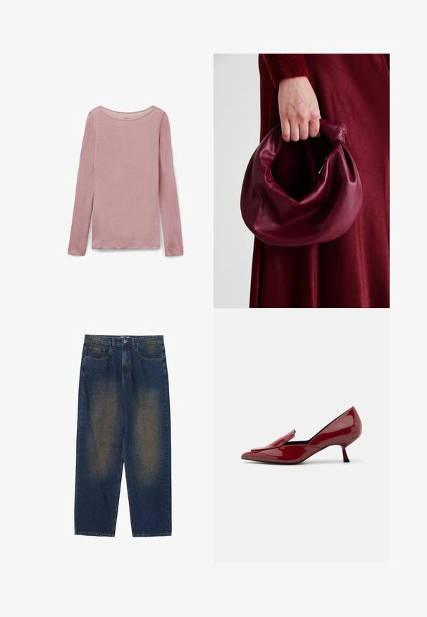 Top a maniche lunghe di colore rosa chiaro, caratterizzato da un collo rotondo e un tessuto morbido con una leggera vestibilità rilassata e spacchi laterali all'orlo.; Pantaloni in denim blu con vestibilità rilassata, lavaggio medio, cinque tasche, chiusura con bottone e sezioni leggermente sbiadite nella parte anteriore.; Scarpe con tacco in pelle verniciata rossa, con punta affilata, design slip-on e tacco a stiletto basso. Texture liscia con una silhouette elegante.; Borsa in pelle bordeaux con un design morbido e arricciato e una forma arrotondata. Il manico è fissato, mostrando una texture liscia.