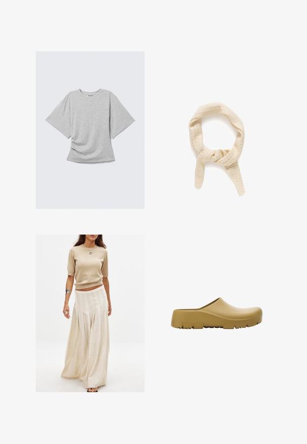 T-shirt gris clair à manches courtes avec un col rond et un léger ruché sur les côtés, posé à plat sur un fond blanc.; Haut à manches courtes en tricot beige associé à une longue jupe crème fluide avec des plis verticaux et une texture lisse.; Sabot en caoutchouc jaune avec une surface lisse, ouvert à l'arrière, et une semelle épaisse et texturée présentant des rainures horizontales. Conçu pour le confort et la durabilité.; Écharpe tricotée de couleur crème avec un motif texturé de petits trous. Présente un design tordu, formant une boucle avec deux extrémités suspendues.