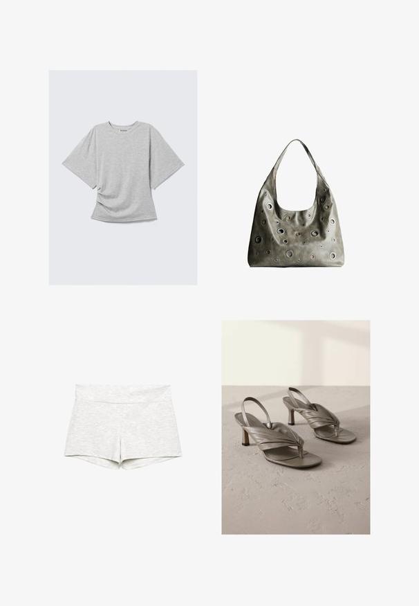 Svetlo siva kratka majica s kratkimi rokavi in ovratnikom v krogu, z rahlim gubanjem na straneh, položena na belo ozadje.; Svetlo sivi raztegljivi šortki z širokim pasom, gladko teksturo in preprostim dizajnom. Obšiti robovi brez vidnih vzorcev ali akcentov.; Sive usnjene sandale na visoki peti z zanko, z zavitimi sprednjimi trakovi in kvadratnimi prsti, ki imajo nizek blok peto in teksturirano površino.; Olivnozeleni usnjeni ročni torbici z ohlapno obliko, ki ima različne velikosti okroglih izrezov in poudarke v temnejših in svetlejših odtenkih.