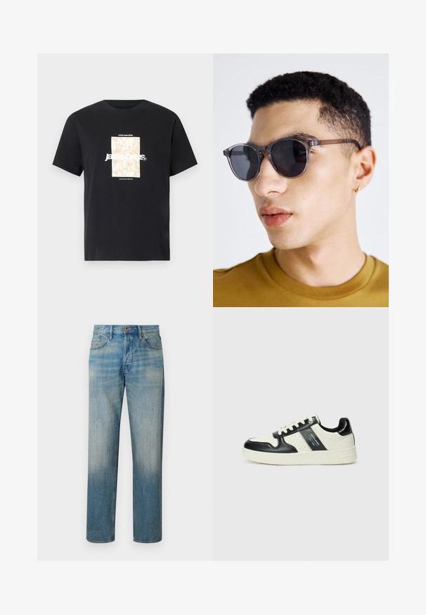 Juodas medvilninis marškinėliai su apvaliu kaklu. Ant priekinės pusės yra smėlio spalvos stačiakampis grafikas ir baltas tekstas "JAWO", centrinėje dalyje. Trumpi rankoviai.; Šviesiai mėlynos džinsinės kelnės su tiesiais kirpimais, su mygtuko uždarymu, priekinėmis kišenėmis ir švelniai išblukusiu efektu ant šlaunų.; Odiniai sportbačiai juodos ir kreminės spalvų schemoje, su perforuotais akcentais, paminkštinta apykakle ir tekstūruotu padu.; Pilki apvalūs saulės akiniai su skaidriu rėmeliu, turintys tamsius objektyvus ir plonas, šilkines kojas. Juos dėvi asmuo su trumpais garbanotais plaukais.