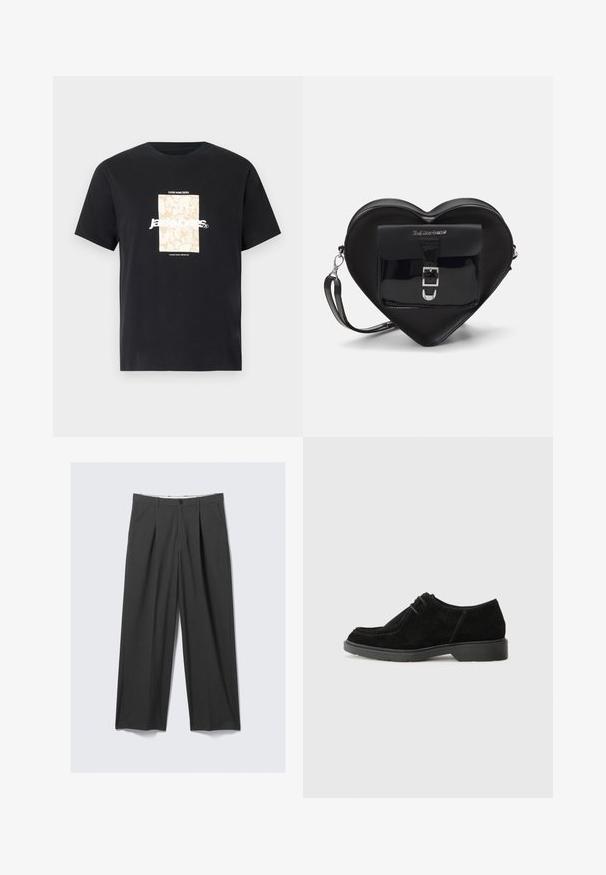 T-shirt noir en coton avec col rond. Présente un graphique rectangulaire beige et un texte blanc "JAWO" centré sur le devant. Manches courtes.; Pantalons gris à jambes larges avec plis. Fabriqués à partir d'un tissu lisse, avec une fermeture à bouton à l'avant et des passants de ceinture. Conception à l'avant plat.; Chaussure habillée en suède noir avec un bout arrondi, des coutures contrastées et une semelle en caoutchouc. Présente un laçage minimal et un design supérieur lisse.; Sac en forme de cœur noir en cuir verni avec une poche avant dotée d'une fermeture à boucle et d'une bandoulière amovible. Accents en métal argenté.