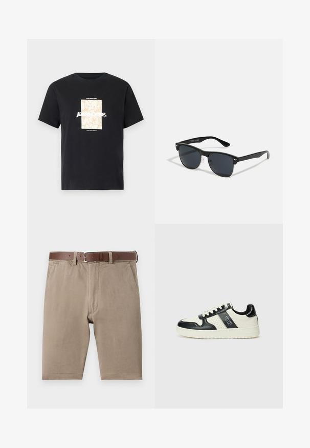 Svart bomullströja med rund hals. Har en beige rektangulär grafik och vit text, "JAWO," centrerad på framsidan. Kortärmad.; Bruna bomullsshorts med rak skärning, utrustade med ett brunt läderbälte och sidofickor, slät textur med prydliga avslut.; Läder sneakers med en svart och krämfärgad färgsättning, med perforerade detaljer, en vadderad krage och en strukturerad yttersula.; Svarta solglasögon med rektangulär form, mörka linser, silverdetaljer vid skalmarna och en matt yta på ramen.