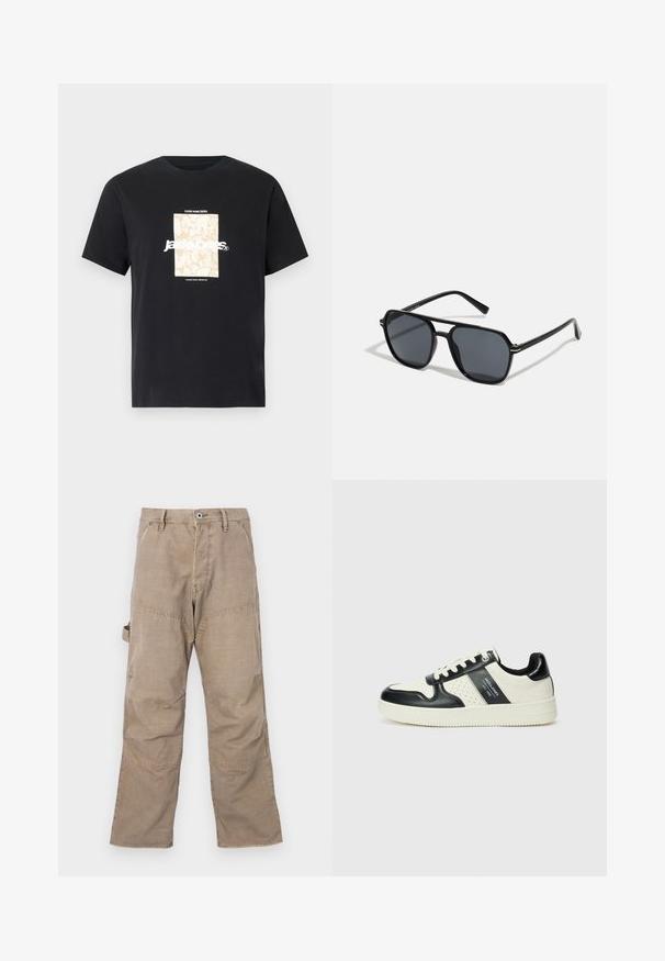 Černé bavlněné tričko s kulatým výstřihem. Na přední straně se nachází béžová obdélníková grafika a bílý text "JAWO" vycentrovaný uprostřed. Krátké rukávy.; Hnědé cargo kalhoty s viditelným šitím, širokými nohavicemi a čtyřmi kapsami. Vyrobeny z pevné látky, s mírně texturovaným povrchem a zapínáním na knoflík.; Kožené tenisky s černobílou barevnou kombinací, které mají perforované detaily, polstrovaný límec a texturovanou podrážku.; Černé sluneční brýle s osmiúhelníkovým rámem, tmavými čočkami, lesklým povrchem, tenkými nožičkami a zlatými akcenty na přední části.