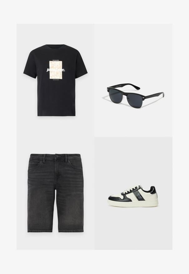 Mustmust mustäriga T-särk, millel on ümar kaelus. Esipaneelil on beež ristkülikukujuline graafika ja valge tekst "JAWO", mis on keskendatud. Lühikesed varrukad.; Mustadest denimist lühikesed püksid otse lõikega, viie tasku ja nööbiga sulgumisega. Omab kerget kulumist ja tugevat kangast tekstuuri.; Nahatud nahkkingad musta ja kreemi värviskeemiga, millel on perforeeritud aktsendid, pehme krae ja tekstureeritud tallad.; Mustad mustmikrooni kujuga mustad prillid, tumedate klaasidega, hõbedased detailid templite juures ja mati viimistlusega raam.