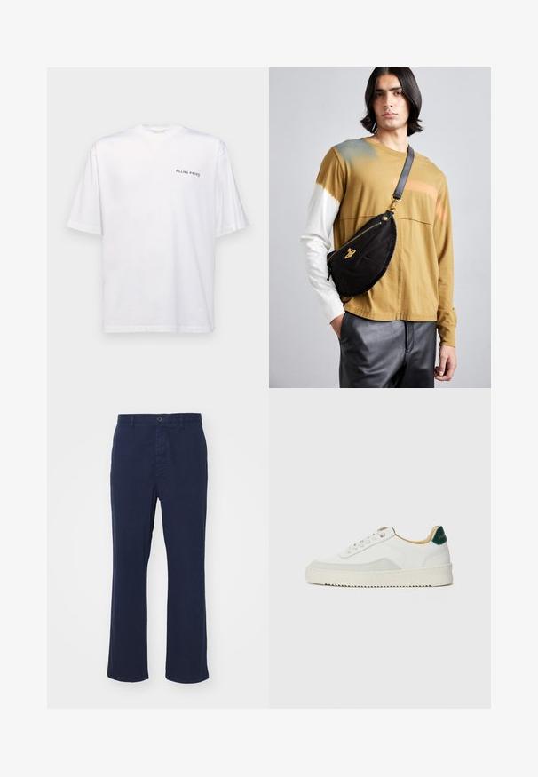 Fehér, rövid ujjú pamut póló, V nyakkal, bal oldalon fekete "FILLING PIECES" logóval.; Sötétkék pamut nadrág, egyenes lábbal, elülső gombos záródással és oldalsó zsebekkel. Sima textúra minimalista részletezéssel.; Fehér sneaker suédé részletekkel, kerek orral, lapos fűzőkkel és krémszínű gumitalppal. Zöld logó található a sarkán.; Vivienne Westwood CITY BUMBAG UNISEX - Övtáska - black