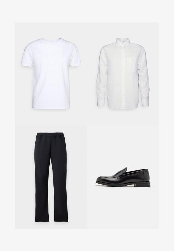 Bela majica s kratkimi rokavi iz bombaža z okroglim izrezom. Preprost dizajn brez vzorcev ali poudarkov. Gladka tekstura.; Bela srajca z dolgimi rokavi iz bombaža, z znižanimi ovratnikom, sprednjim žepom in običajnim krojem. Teksturirana tkanina s gladko površino.; Črne ravne trenirke z elastičnim pasom, prikazane na beli podlagi.; Črne usnjene loafer čevlje z gladko teksturo, zaobljenim nosom in dekorativnim trakom čez zgornji del. Nizka zložena peta, minimalističen dizajn.