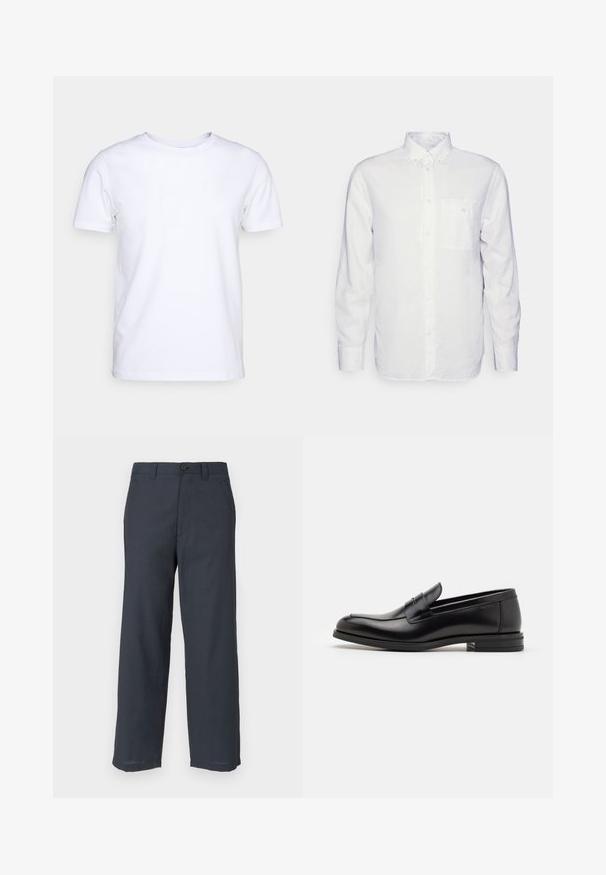 White short-sleeve t-shirt in cotton fabric with a round neckline. Simple design with no patterns or accents. Smooth texture.; Long-sleeve white shirt made of cotton, featuring a button-down collar, front pocket, and regular fit. Textured fabric with a smooth surface.; Navy blue trousers made of smooth fabric, featuring a straight-leg cut, two front pockets, and a single button closure.; Black leather loafers with a smooth texture, rounded toe, and a decorative strap across the vamp. Low stacked heel, minimalist design.