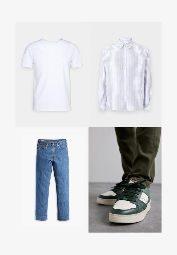 Vit kortärmad t-shirt i bomullstyg med rund halsringning. Enkelt design utan mönster eller detaljer. Slät textur.; Randig skjorta i ljusblått och vitt. Har en spetsig krage, långa ärmar och en bröstficka. Tillverkad av bomull.; Blå denimjeans med rak benpassform, kopparnitar och femficksdesign. Har en sydd fåll och en klassisk midjeband med bälteshällor.; Bally RAISE RONNIE - Sneakers - white/sage