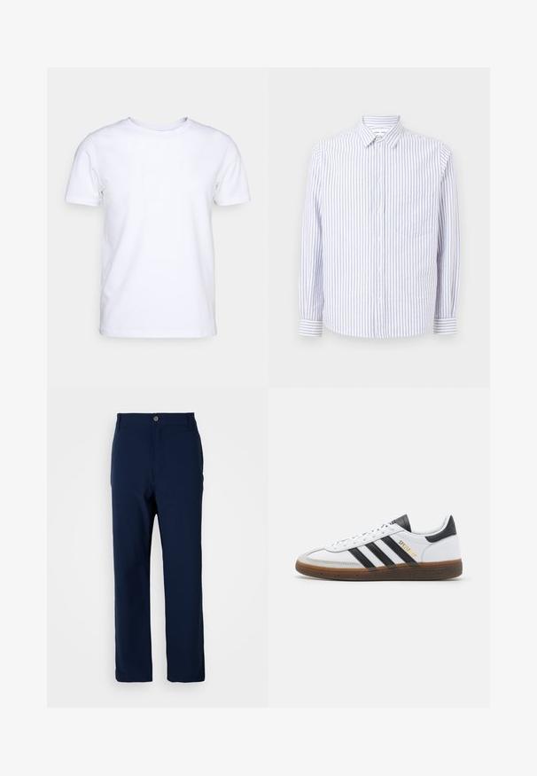 T-shirt blanc à manches courtes en tissu de coton avec un col rond. Design simple sans motifs ni accents. Texture lisse.; Chemise à rayures bleu clair et blanche. Dotée d'un col pointu, de manches longues et d'une poche poitrine unique. Tissu en coton.; Pantalons droits bleu marine avec fermeture à bouton et à glissière, passants de ceinture et sans poches visibles sur fond blanc.; Baskets en cuir blanc avec des accents en daim noir, trois rayures noires, semelle en caoutchouc beige et marque "SPEZIAL" en doré sur le côté.