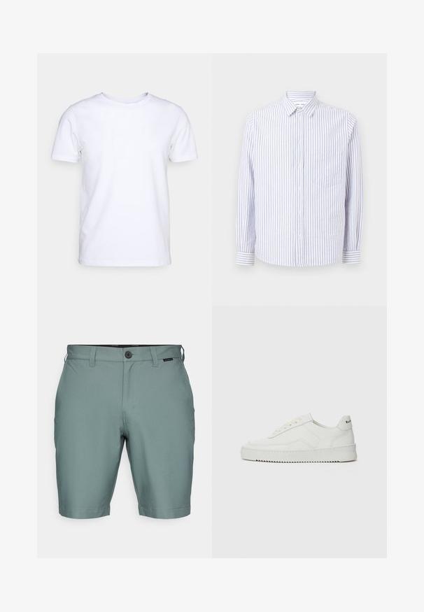 Bijela majica kratkih rukava od pamučnog materijala s okruglim izrezom. Jednostavan dizajn bez uzoraka ili naglasaka. Glatka tekstura.; Prugasta košulja sa dugim rukavima u svijetloplavoj i bijeloj boji. Ima oštar ovratnik, dugačke rukave i jednu džep na prsima. Pamuk.; TravisMathew WANDERLUST SHORT - Sportske kratke hlače - balsam green; Bijele kožne tenisice s glatkom površinom, okruglim vrhom, ravnim vezicama i teksturiranom potplatom. Imaju suptilan logo na peti.
