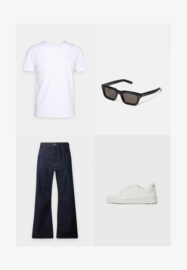 White short-sleeve t-shirt in cotton fabric with a round neckline. Simple design with no patterns or accents. Smooth texture.; Dark blue denim flared jeans with yellow stitching, five pockets, and a zipper fly. Features horizontal seams above the knees.; White leather sneaker with a smooth finish, round toe, flat laces, and a textured sole. Features a subtle logo on the heel.; Black rectangular sunglasses with dark lenses, thick plastic frame, gold accents on temples, and brand logo engraved on the arm.