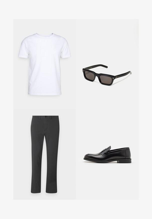 Camiseta blanca de manga corta en tejido de algodón con cuello redondo. Diseño simple sin patrones ni acentos. Textura suave.; Pantalones negros hechos de tela suave, con un diseño de pierna recta, cremallera en la bragueta, cierre de botón y trabillas para el cinturón. Estilo básico y funcional.; Mocasines de cuero negro con una textura suave, puntera redondeada y una tira decorativa en el empeine. Tacón bajo apilado, diseño minimalista.; Gafas de sol rectangulares negras con lentes oscuros, marco de plástico grueso, acentos dorados en las patillas y logotipo de la marca grabado en el brazo.