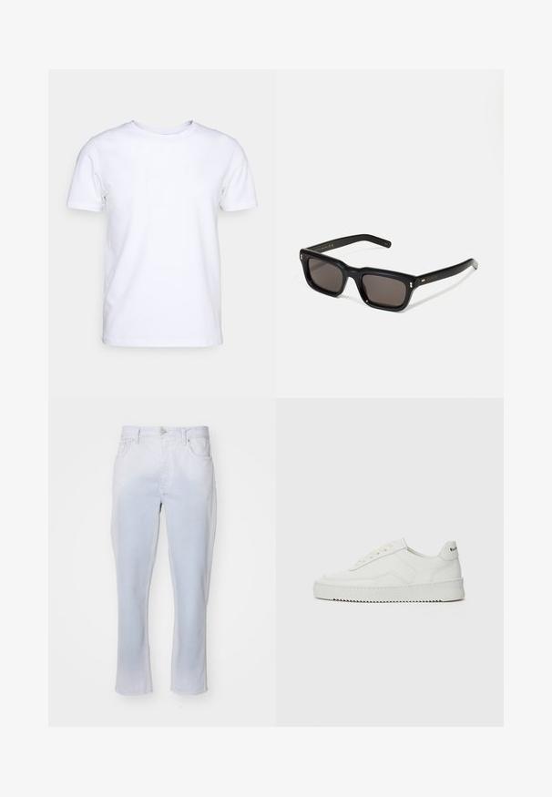 Bílý krátký rukáv bavlněné tričko s kulatým výstřihem. Jednoduchý design bez vzorů nebo detailů. Hladká textura.; Džíny z lehkého denimu s rovnými nohavicemi, předním zapínáním na knoflík a zip a dvěma bočními kapsami s jemnou texturou.; Bílé kožené tenisky s hladkým povrchem, kulatou špičkou, plochými tkaničkami a texturovanou podrážkou. Na patě se nachází nenápadné logo.; Černé obdélníkové sluneční brýle s tmavými skly, silným plastovým rámem, zlatými akcenty na spáncích a vyrytým logem značky na nožičce.