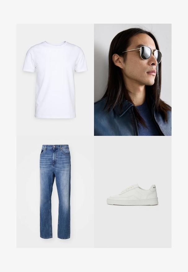 White short-sleeve t-shirt in cotton fabric with a round neckline. Simple design with no patterns or accents. Smooth texture.; Blue denim jeans with a straight leg design. Features a button and zipper closure, five pockets, and a faded wash for texture.; White leather sneaker with a smooth finish, round toe, flat laces, and a textured sole. Features a subtle logo on the heel.; Metal sunglasses with reflective lenses, featuring an aviator shape, silver frame, and detailing on the temple. Worn with a blue sweater and jacket.