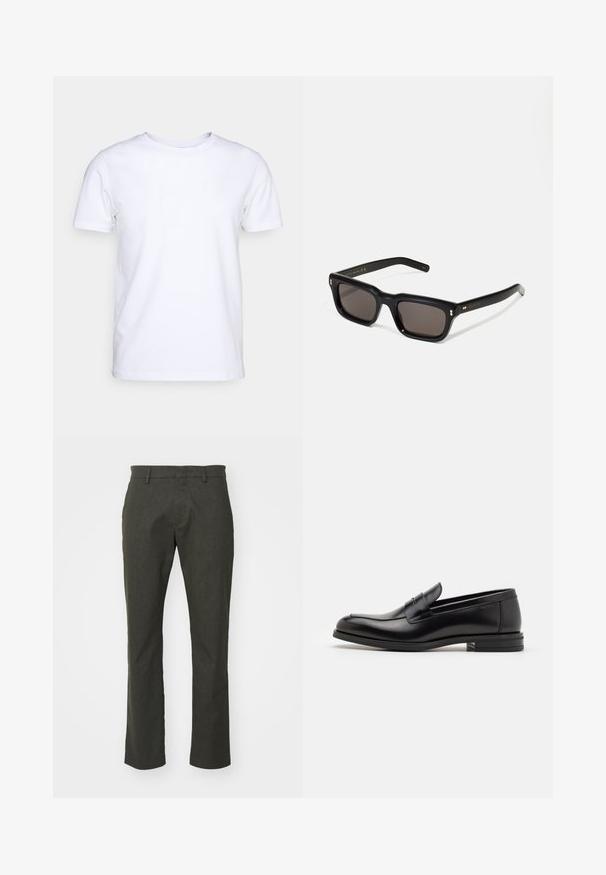 White short-sleeve t-shirt in cotton fabric with a round neckline. Simple design with no patterns or accents. Smooth texture.; Dark green tailored trousers with a straight cut, featuring a flat front, two side pockets, and a smooth texture.; Black leather loafers with a smooth texture, rounded toe, and a decorative strap across the vamp. Low stacked heel, minimalist design.; Black rectangular sunglasses with dark lenses, thick plastic frame, gold accents on temples, and brand logo engraved on the arm.
