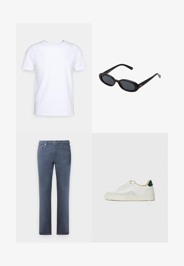 T-shirt blanc à manches courtes en tissu de coton avec un col rond. Design simple sans motifs ni accents. Texture lisse.; Jeans en denim gris avec une coupe droite, cinq poches et une fermeture à bouton en métal. Présente des coutures discrètes et un petit logo.; Baskets blanches avec des accents en daim, bout arrondi, lacets plats et semelle en caoutchouc crème. Présente une marque verte sur le talon.; Lunettes de soleil noires surdimensionnées avec des verres ovoïdes, monture en plastique lisse et accents dorés sur les tempes. Les verres sombres offrent une protection contre le soleil.