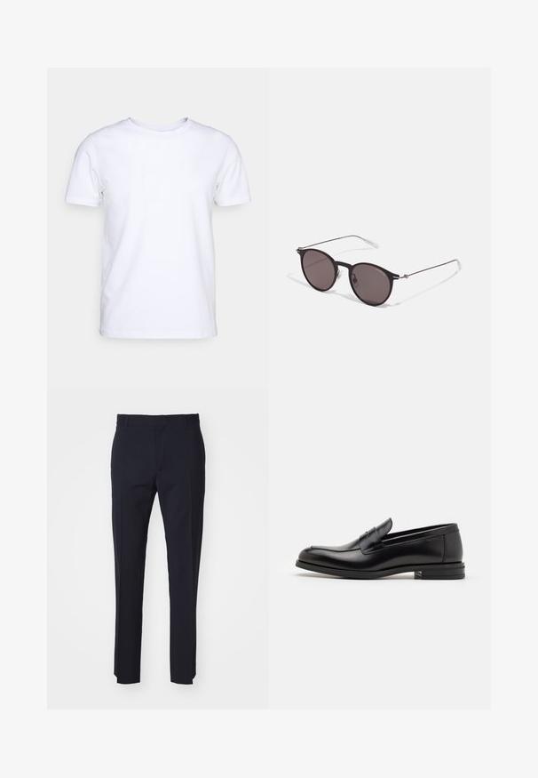 Fehér, rövid ujjú felső pamut anyagból, kerek nyakkivágással. Egyszerű dizájn, minta vagy díszítés nélkül. Sima textúra.; Sötétkék, szabott nadrág, szövetből készült, lapos elülső résszel, övhurkokkal és egyenes lábakkal. Nincsenek látható minták vagy fémalkatrészek.; Fekete bőr loaferek sima textúrával, kerek orral és dekoratív pánttal a vampnál. Alacsony, rétegelt sarkú, minimalista dizájn.; Fekete kerek napszemüveg sötét lencsékkel és karcsú fém szárakkal. Átlátszó szárvégeket és ezüst részleteket tartalmaz az ívnél. Minimalista dizájn.