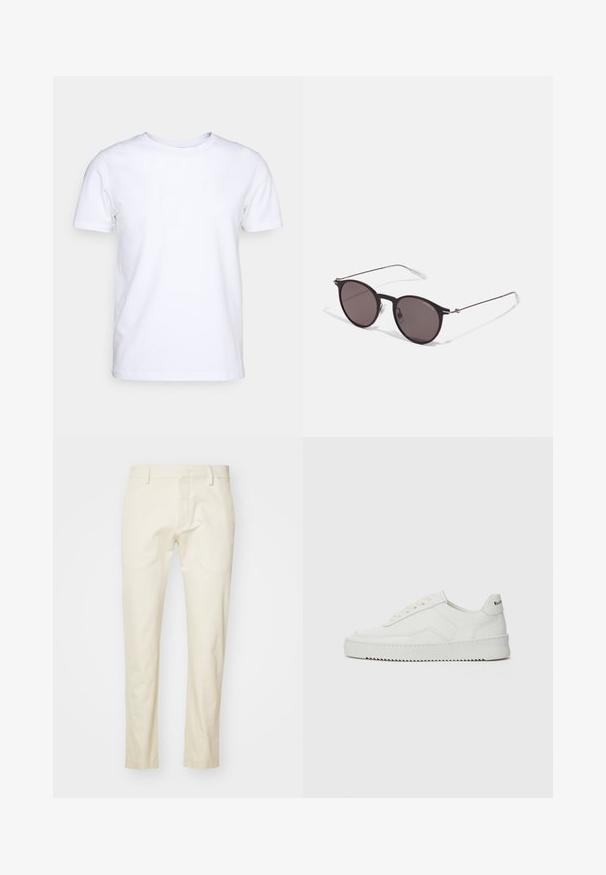 White short-sleeve t-shirt in cotton fabric with a round neckline. Simple design with no patterns or accents. Smooth texture.; Beige cotton trousers with a straight leg design, front zipper, and flat pockets. Textured fabric with a smooth finish.; White leather sneaker with a smooth finish, round toe, flat laces, and a textured sole. Features a subtle logo on the heel.; Black round sunglasses with dark lenses and slim metal arms. Includes clear temple tips and silver accents at the hinge. Minimalist design.