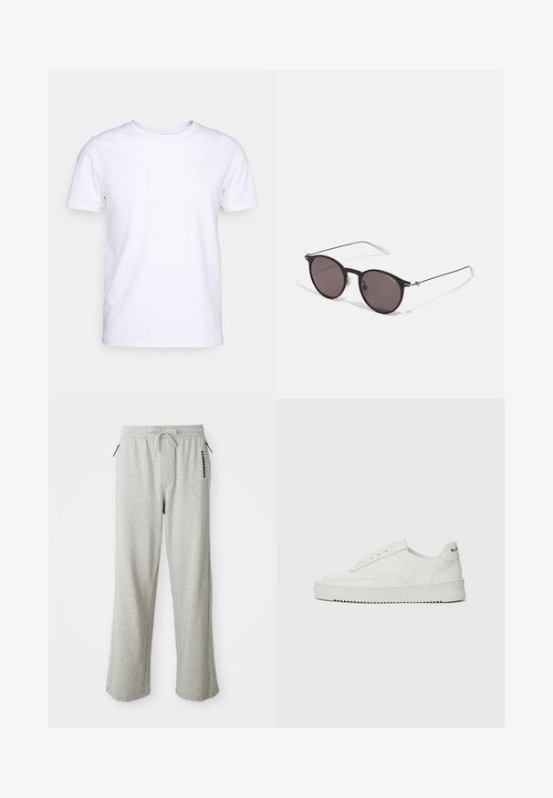 Weißes T-Shirt mit kurzen Ärmeln aus Baumwollstoff und rundem Halsausschnitt. Schlichtes Design ohne Muster oder Akzente. Glatte Textur.; Graue Sweatpants aus weichem Material, mit elastischem Bund, Seitentaschen und einem bedruckten Logo entlang des linken Beins.; Weiße Ledersneaker mit glatter Oberfläche, runder Zehenpartie, flachen Schnürsenkeln und strukturiertem Sohlenprofil. Mit einem dezenten Logo an der Ferse.; Schwarze runde Sonnenbrille mit dunklen Gläsern und schlanken Metallbügeln. Enthält klare Tempelspitzen und silberne Akzente am Scharnier. Minimalistisches Design.