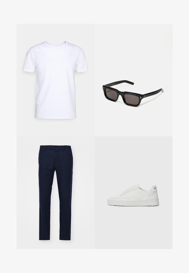 White short-sleeve t-shirt in cotton fabric with a round neckline. Simple design with no patterns or accents. Smooth texture.; NN.07 THEO - Trousers - dark blue; White leather sneaker with a smooth finish, round toe, flat laces, and a textured sole. Features a subtle logo on the heel.; Black rectangular sunglasses with dark lenses, thick plastic frame, gold accents on temples, and brand logo engraved on the arm.
