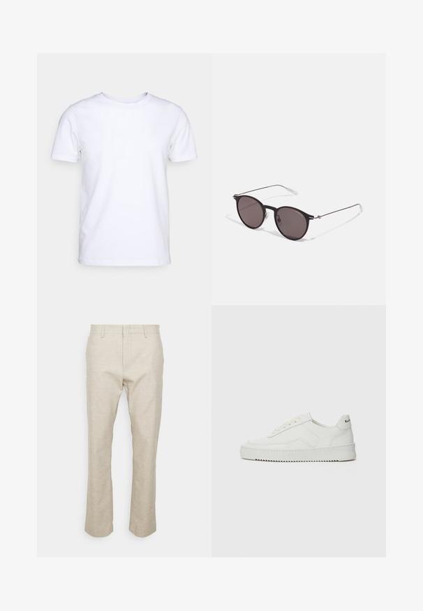 Balta trumpomis rankovėmis marškinėliai, pagaminti iš medvilnės audinio, su apvaliu kaklu. Paprastas dizainas be raštų ar akcentų. Lygi tekstūra.; Šviesiai rudos lino kelnės su tiesiomis kojomis, priekinėmis kišenėmis ir lygia tekstūra. Minimalistinė dizaino estetika; be matomų raštų ar metalinių detalių.; Balti odiniai sportiniai bateliai su lygia apdaila, apvaliu pirštu, plokščiais raišteliais ir tekstūruotu padu. Pasižymi subtiliu logotipu ant kulno.; Juodos apvalios saulės akinių su tamsiais lęšiais ir plonomis metalinėmis šakomis. Įtraukti skaidrūs šventyklų galai ir sidabriniai akcentai vyrio srityje. Minimalistinis dizainas.