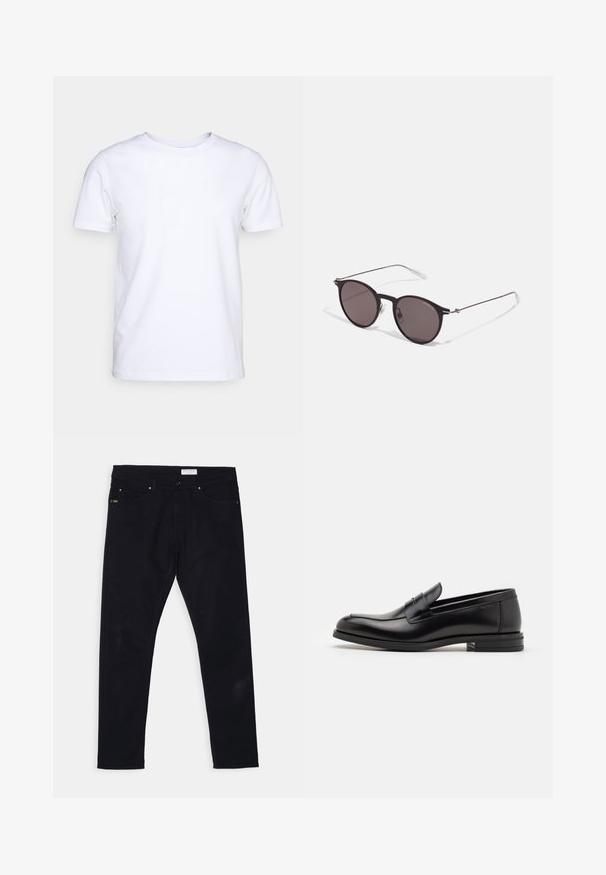 Biela kratkosrstá bavlnená tričko s okrúhlym výstrihom. Jednoduchý dizajn bez vzorov alebo akcentov. Hladká textúra.; Čierne džíny z denimu so slim fit strihom, s piatimi vreckami a kovovým hardvérom. Obsahujú koženú etiketu na zadnom páse.; Čierne kožené mokasíny s hladkou textúrou, zaoblenou špičkou a dekoračným pásikom cez priehlavok. Nízky vrstvený opätok, minimalistický dizajn.; Čierne okrúhle slnečné okuliare s tmavými sklami a tenkými kovovými ramenami. Obsahujú priehľadné konce rámov a strieborné akcenty na pántoch. Minimalistický dizajn.