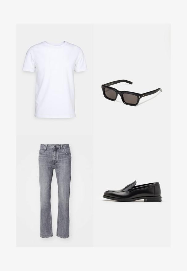 White short-sleeve t-shirt in cotton fabric with a round neckline. Simple design with no patterns or accents. Smooth texture.; Gray denim flared jeans with a faded finish, five pockets, front button closure, and belt loops. Classic straight leg design.; Black leather loafers with a smooth texture, rounded toe, and a decorative strap across the vamp. Low stacked heel, minimalist design.; Black rectangular sunglasses with dark lenses, thick plastic frame, gold accents on temples, and brand logo engraved on the arm.