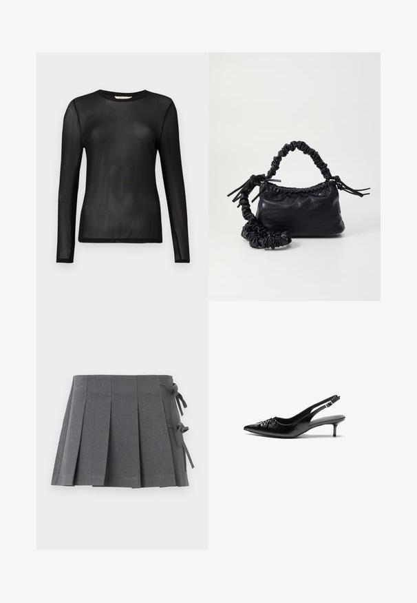Top negru cu mâneci lungi, realizat dintr-un material transparent și ușor, având un decolteu rotund și un design ajustat. Textură netedă, fără modele sau embellishments.; Fustă plisată gri, cu un elastic la talie și șnururi, realizată dintr-o țesătură texturată, cu un croi curat și fără elemente metalice vizibile.; Cizme slingback din piele neagră, cu vârf ascuțit, toc mic de tip kitten heel și un detaliu decorativ sub formă de nod în față. Textură netedă pe întreaga suprafață.; Geantă din faux leather neagră cu textură de crocodil, cu partea superioară strânsă și o curea mototolită. Pare moale și compactă ca design.