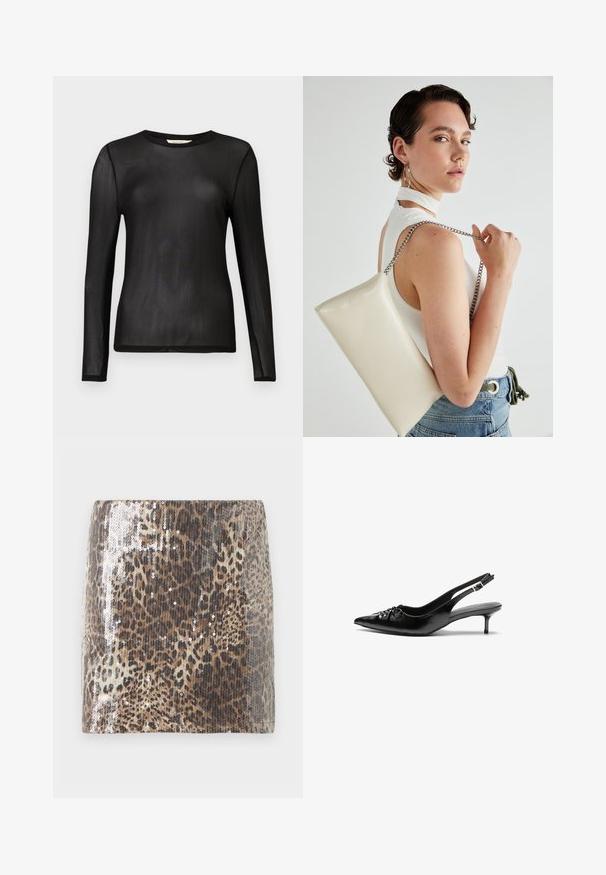 Svart, langermet topp laget av gjennomsiktig, lett stoff med rund halslinje og tettsittende design. Glatt tekstur uten mønstre eller dekorasjoner.; Mini skjørt med leopardmønster laget av teksturert stoff, med sølvpaljetter som fremhever dyremønsteret, med en tettsittende silhuett.; Sorte skinnert remsandaler med spiss tå, liten kittenhæl og en dekorativ knute detalj foran. Glatt tekstur gjennom hele.; Hvit rektangulær clutch-veske laget av blankt materiale, med en sølvkjede-stropp. Modellen poserer og viser vesken mot en ensfarget bakgrunn.