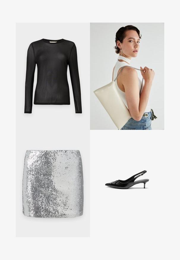 Black, long-sleeved top made of sheer, lightweight fabric with a round neckline and fitted design. Smooth texture without patterns or embellishments.; Silver sequined mini skirt featuring a fitted design and smooth texture, reflecting light across its surface for a shiny appearance.; Black leather slingback heels with a pointed toe, small kitten heel, and a decorative knot detail on the front. Smooth texture throughout.; White rectangular clutch bag made of glossy material, featuring a silver chain strap. Model poses, showcasing the bag against a plain background.