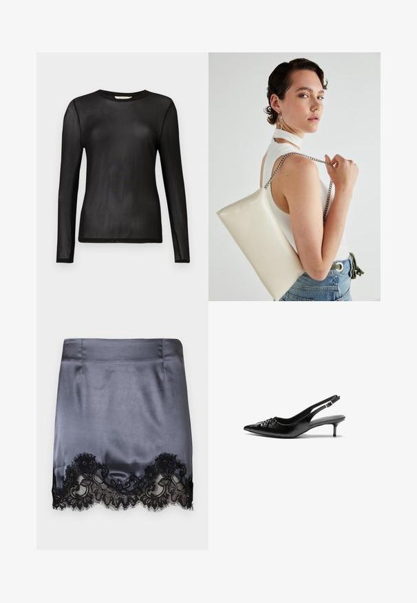 Fekete, hosszú ujjú felső, áttetsző, könnyű anyagból, kerek nyakkivágással és testhezálló szabással. Sima textúra minta vagy díszítés nélkül.; Szürke szatén miniszoknya fekete csipke szegéllyel az alján, virágmintákkal díszítve. Sima tapintású, testhezálló kialakítás és tiszta varrások.; Fekete bőrből készült slingback magassarkú cipők hegyes orral, kis francia sarokkal és díszes csomóval az elején. Az egész felületen sima textúra.; Fehér, téglalap alakú, fényes anyagból készült clutch táska, ezüst láncos pánttal. A modell pózol, bemutatva a táskát egy egyszínű háttér előtt.