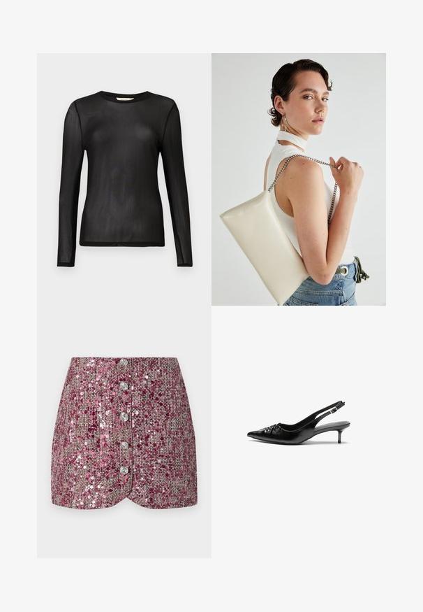 Czarny, długi rękaw top wykonany z przezroczystego, lekkiego materiału z okrągłym dekoltem i dopasowanym krojem. Gładka tekstura bez wzorów czy zdobień.; Różowa spódnica z cekinów o teksturowanym splocie, charakteryzująca się dopasowanym krojem i pięcioma srebrnymi guzikami z przodu. Uformowany dół i błyszczące akcenty.; Czarne skórzane szpilki na ramiączku z ostrym noskiem, małym słupkiem i ozdobnym węzłem z przodu. Gładka faktura na całej powierzchni.; Biała prostokątna kopertówka wykonana z błyszczącego materiału, z srebrnym łańcuszkiem. Modelka pozuje, prezentując torebkę na jednolitym tle.