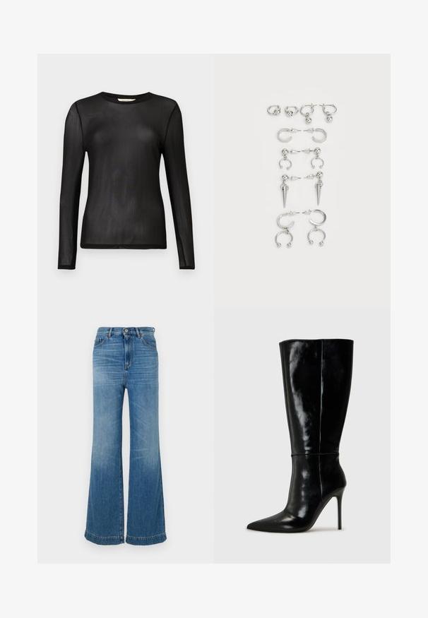 Top preto de mangas compridas feito de um tecido leve e transparente, com decote redondo e design ajustado. Textura lisa sem padrões ou adornos.; Jeans flare azul claro feitos de denim, com cintura alta, design de cinco bolsos e costura tonal com barra desfiada.; Botas de couro pretas até ao joelho com bico fino e salto alto de agulha. Textura suave e design elegante, com detalhes mínimos.; Conjunto de brincos de prata com diversos designs: argolas, studs e modelos pendentes, com acentos de bola e elementos pontiagudos.