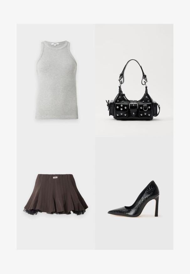 Débardeur gris à côtes avec un design ajusté, des emmanchures larges et une encolure arrondie. Fabriqué en coton doux avec une texture lisse.; Jupe plissée marron en tissu texturé, avec un ourlet en tulle noir superposé et une petite étiquette de logo à la taille.; Escarpin noir à bout pointu avec texture en cuir de crocodile, présentant un design élégant, un haut talon aiguille et un intérieur noir lisse.; Sac à main en cuir noir au design courbé, avec des clous en argent, une boucle et deux poches latérales. Bandoulière réglable pour différentes options de transport.