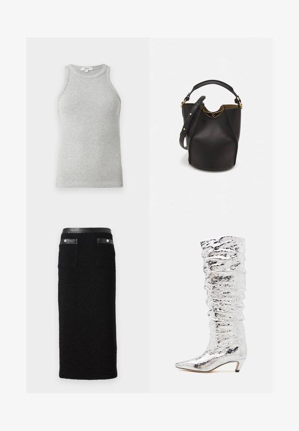 Débardeur gris à côtes avec un design ajusté, des emmanchures larges et une encolure arrondie. Fabriqué en coton doux avec une texture lisse.; Jupe crayon noire en matériau texturé, avec une taille noire lisse, deux poches arrière avec des accents en argent.; Botte argentée arrivant à mi-mollet avec une texture froissée, un bout pointu et un petit talon. Fabriquée en matériau brillant avec une surface réfléchissante.; Sac seau en cuir noir avec une finition texturée, accents en matériel doré et une ouverture en haut. Il dispose d'une courte poignée et d'une sangle d'épaule réglable.