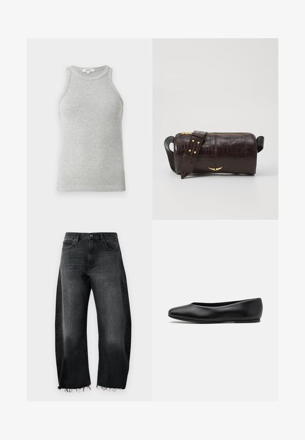 Grijze geribde tanktop met een aansluitend ontwerp, brede armsgaten en een ronde hals. Gemaakt van zachte katoenen stof met een gladde textuur.; Zwarte spijkerbroek van denim met een wijde pijp, rafelige zoom, vijf zakken en subtiele vervaging; gemaakt van stevig katoen.; Paul Smith TOPANGA - Ballerina's - black; Bruine krokodil-embosserende leren tas met een cilindervorm, gouden hardware en een afneembare schouderband met studs.
